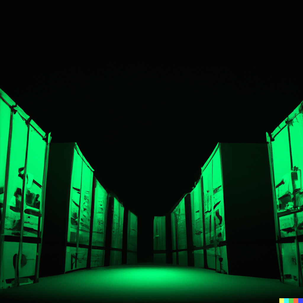 A fleet of containers trapped in dark space with green light