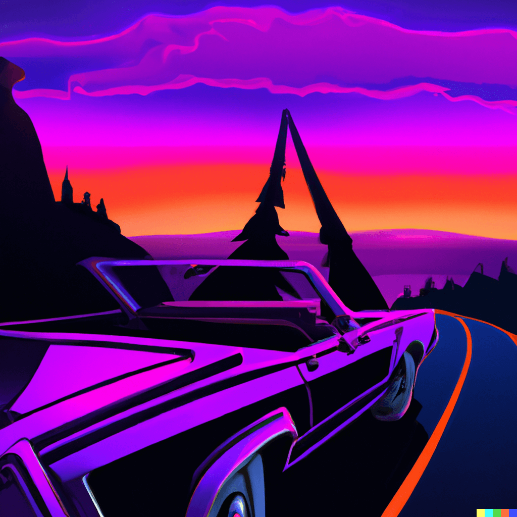 An old school car driving towards a synthwave sunset