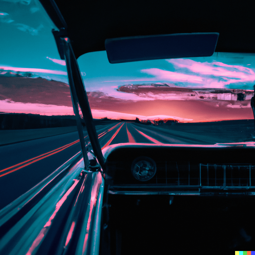 An old school car driving towards a synthwave sunset