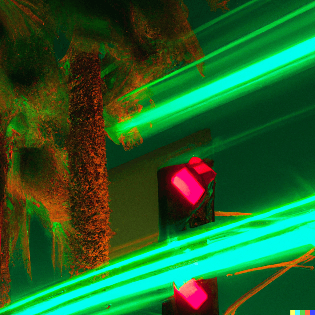 A speeding green light in a synthwave with palm trees
